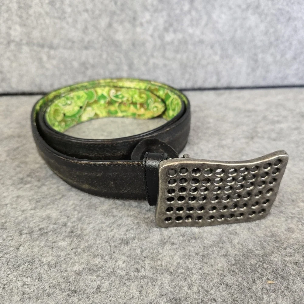 Robert Graham Belt Mens Black Leather Green Paisley Lining Silver Buckle 43